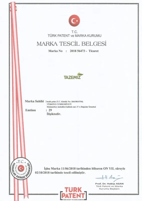 Tazemiz Marka Tescil Belgesi