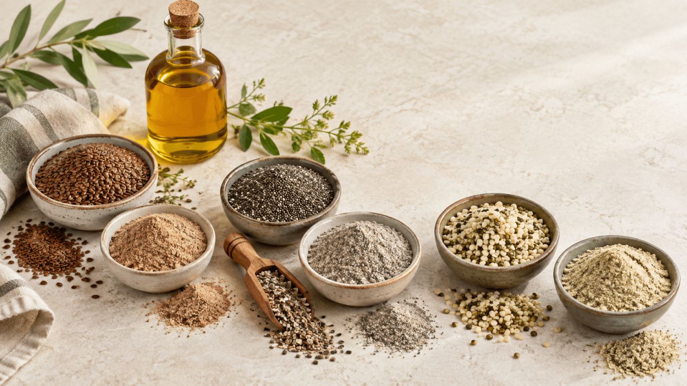 Keten, chia ve kenevir tohumları; öğütülmüş tohum unları ve soğuk sıkım yağ şişesi