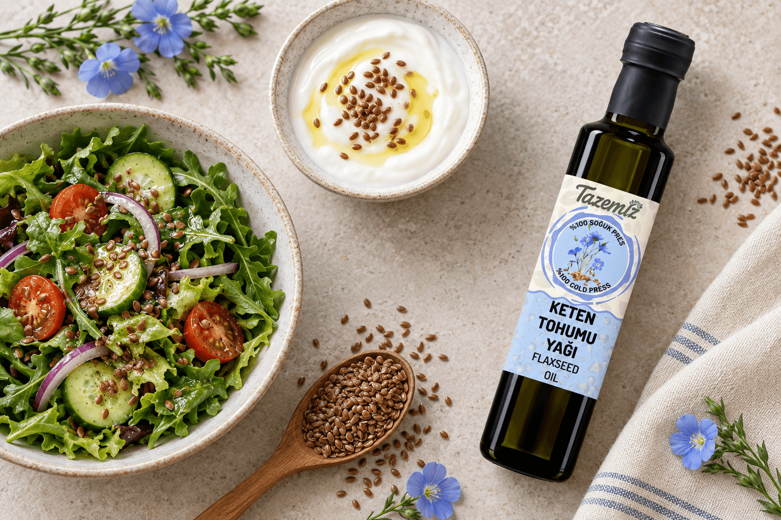 Tazemiz Keten Tohumu Yağı ile salata, yoğurt ve keten tohumlu soğuk kullanım fikirleri